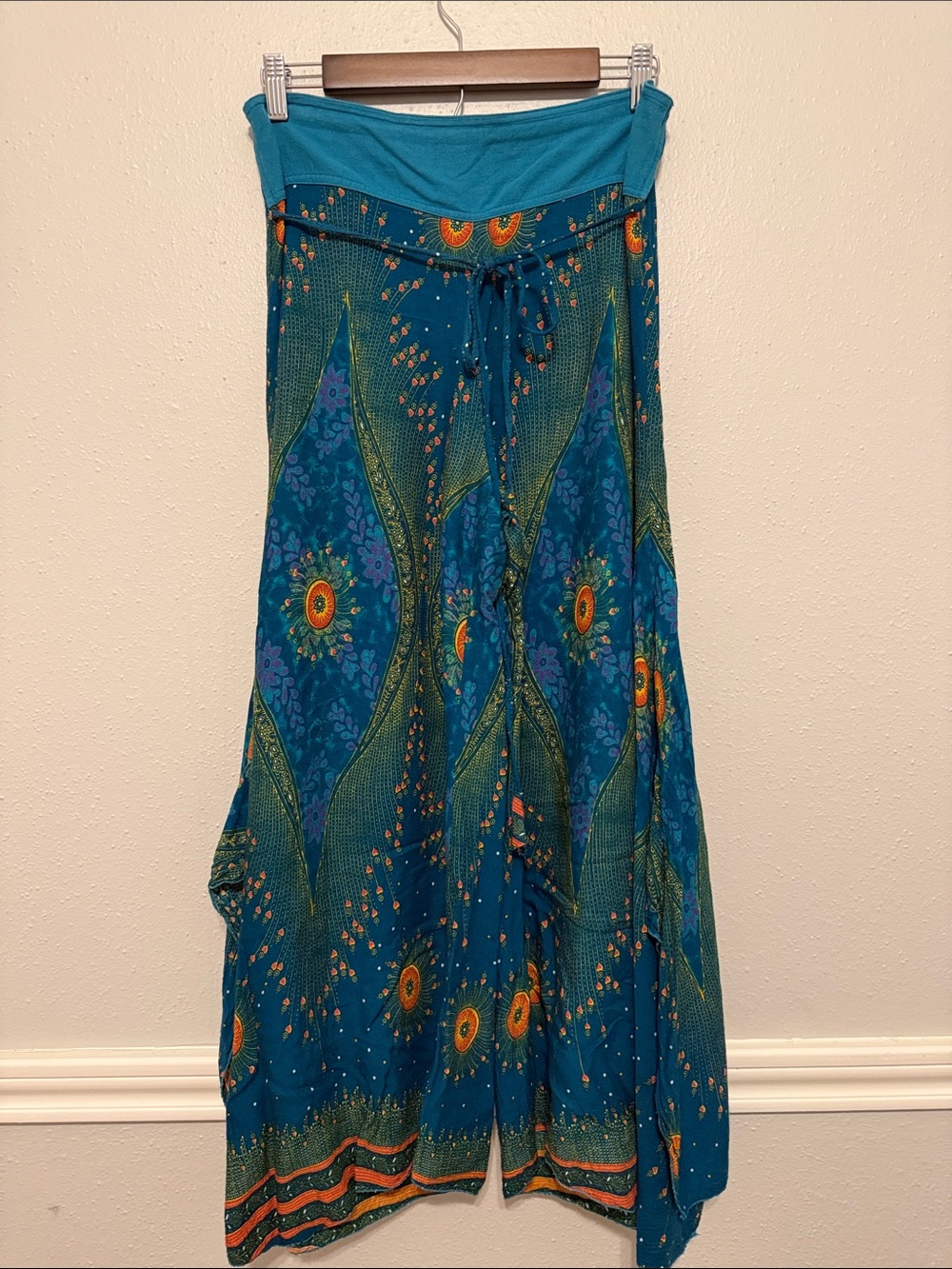 Mexicali Blues Teal Peacock Print Wide-Leg Boho Pants